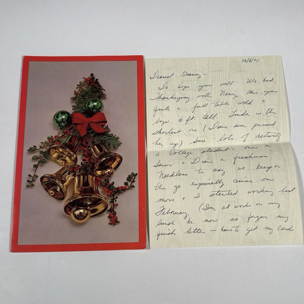 Vintage 1975 Christmas Card Gold Bells Red Bow Green Ornaments w/ Letter Cameo